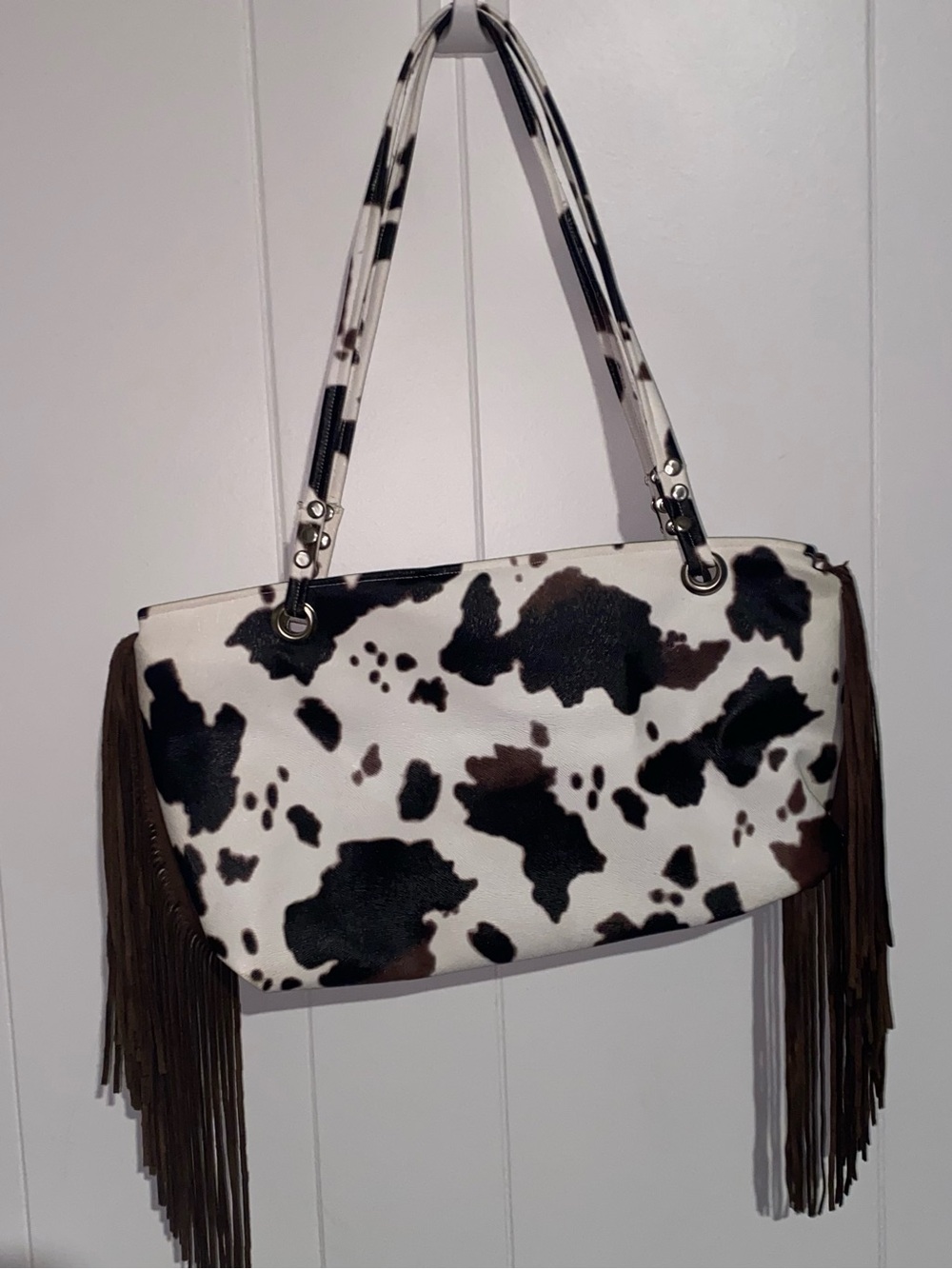 Cowhide-Print Fringe Shoulder Tote in White, Black & Brown